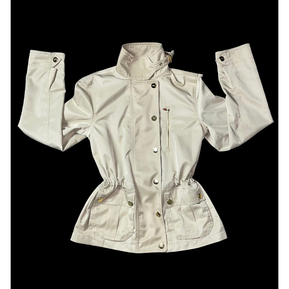 Ralph Lauren Small Tan Polyester Drawstring Gold Buttons Cargo Pocket Zip Jacket
